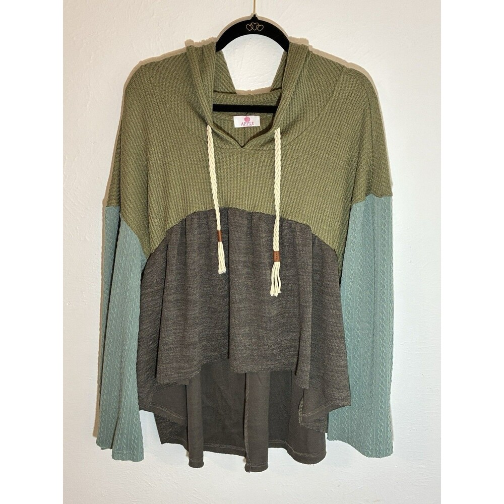 Apple Boulevard XL Green Gray Waffle-Knit High-Low Color Hood Long Sleeve Top